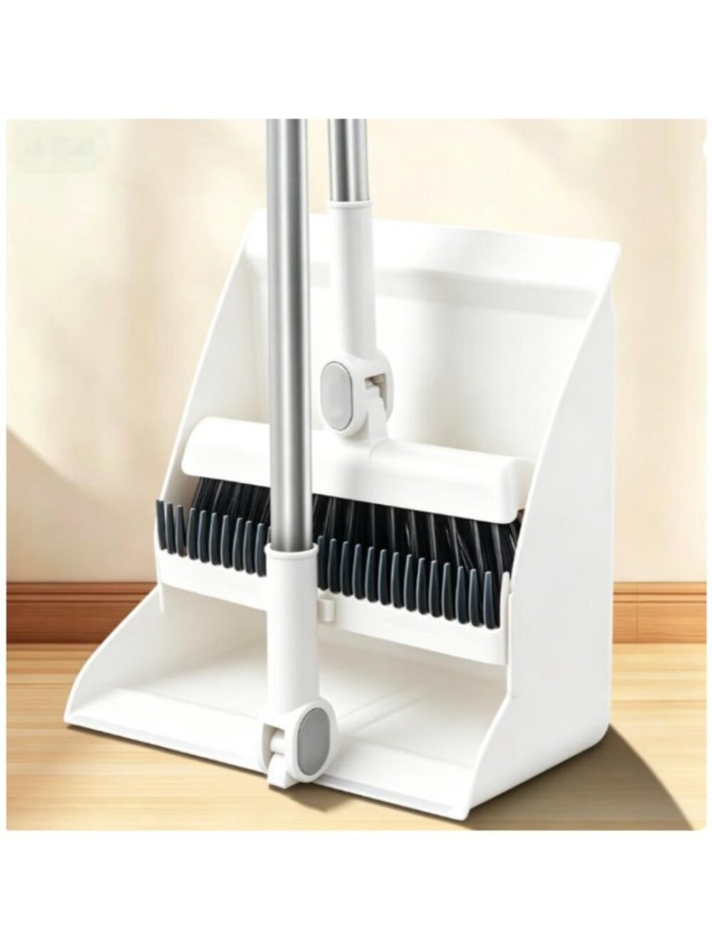 White Broom and dust tray set with long handles perfect for indoor and outdoor